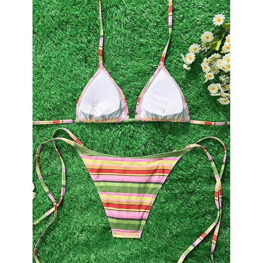 Damen Triangel-Bikini mit verstellbaren Trägern und buntem Streifenmuster EB