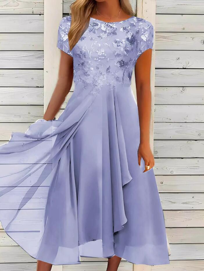Damen nan fließendes Chiffon-Midikleid mit blumenbesticktem Oberteil und asymmetrischem Stufenrock EB