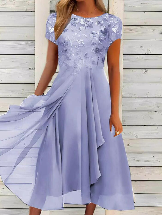 Damen nan fließendes Chiffon-Midikleid mit blumenbesticktem Oberteil und asymmetrischem Stufenrock EB