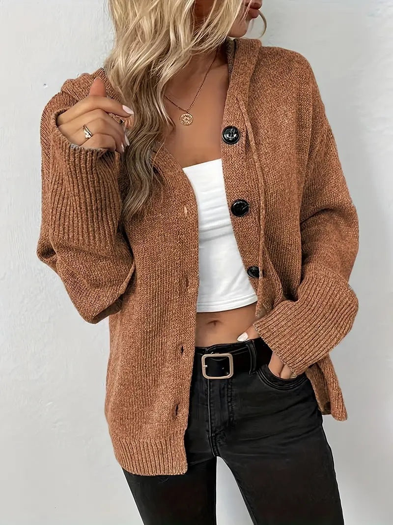 Damen Strickjacke mit Kapuze und Knopfverschluss EB