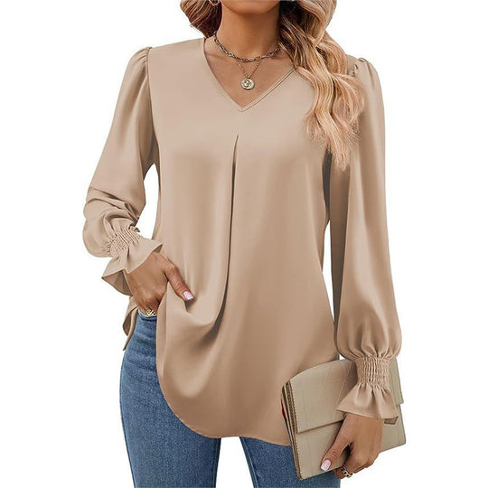 Damen fließende V-Ausschnitt Bluse mit eleganten Puffärmeln EB