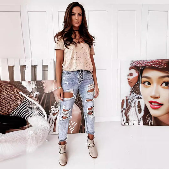 Damen Boyfriend-Jeans mit Destroyed-Details und hohem Komfortbund EB