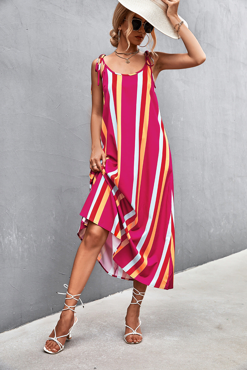 Damen Maxikleid mit modischen Streifen und taillierendem Gürtel EB