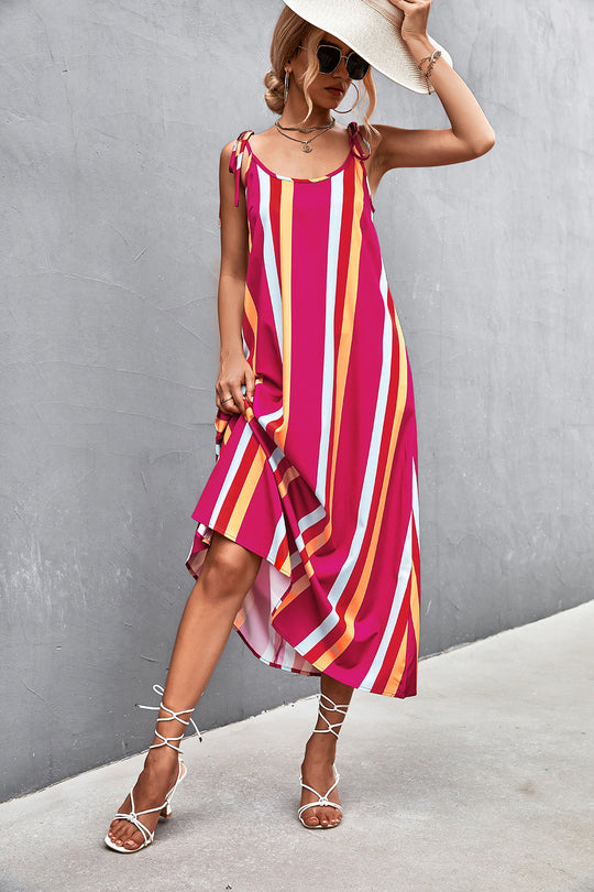 Damen Maxikleid mit modischen Streifen und taillierendem Gürtel EB