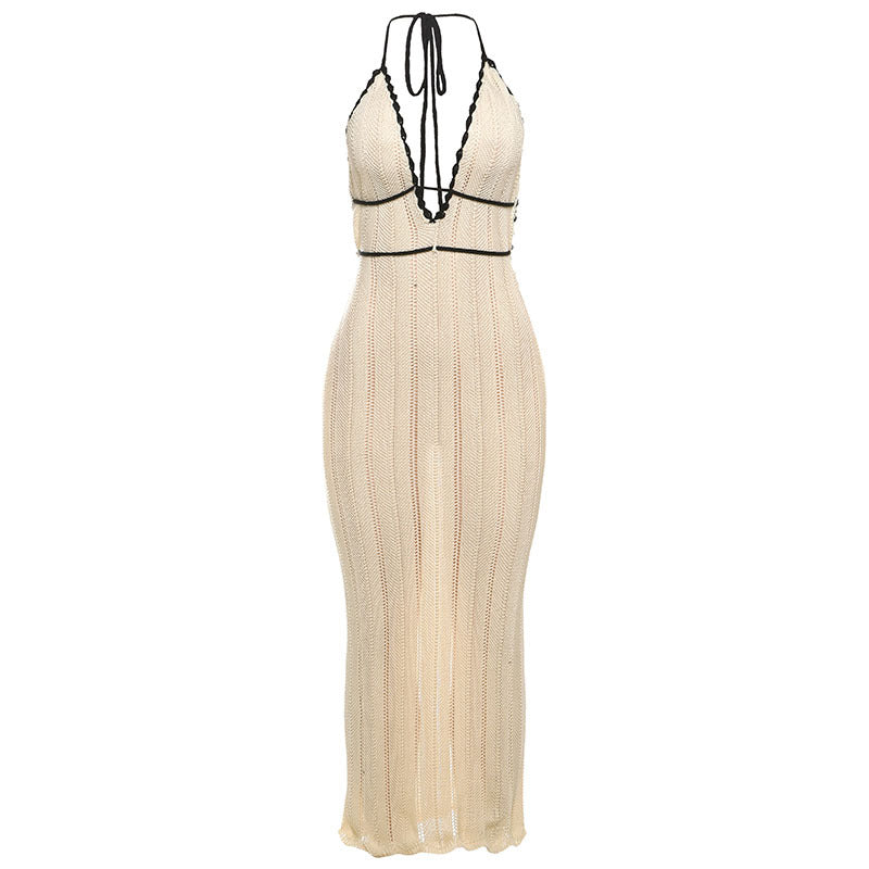 Damen Strick Maxikleid mit tiefem V-Ausschnitt und Bindebändern EB