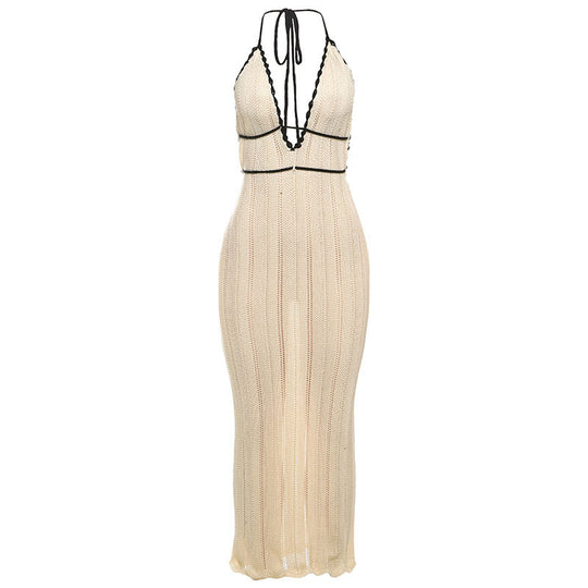 Damen Strick Maxikleid mit tiefem V-Ausschnitt und Bindebändern EB