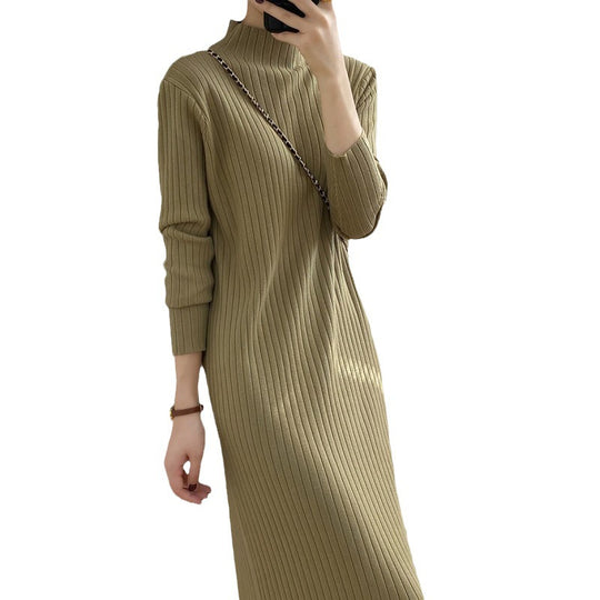 Damen Strickkleid mit hohem Kragen und Rippenstruktur EB