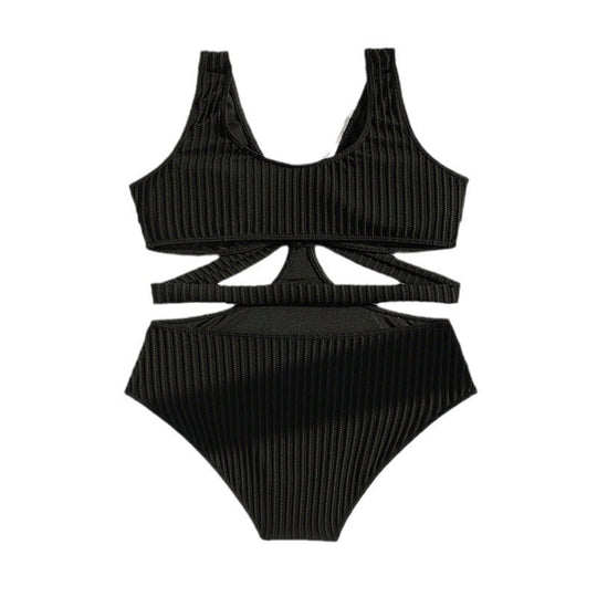 Damen Einteiler Badeanzug mit kreativen Cut-Out-Design und trendigem Rippmuster EB