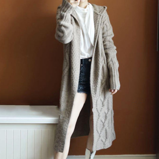 Damen Strickmantel mit Kapuze und strukturiertem Zopfdesign EB