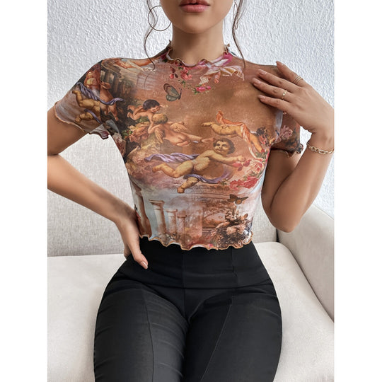 Damen Kurzarmshirt mit kunstvollem Print und modischem Schnitt EB