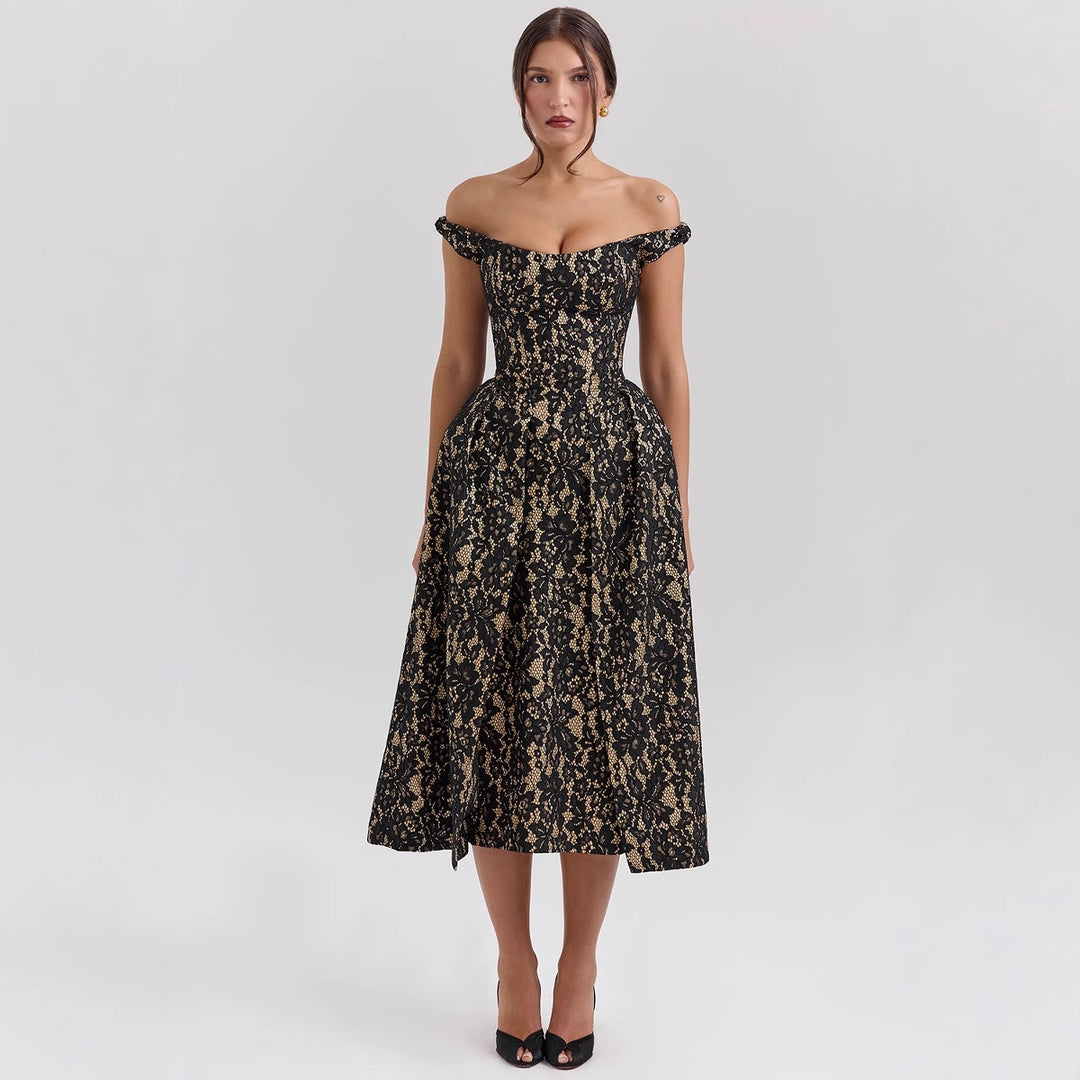 Damen Spitzenkleid mit schulterfreiem Design und elegantem Rock EB