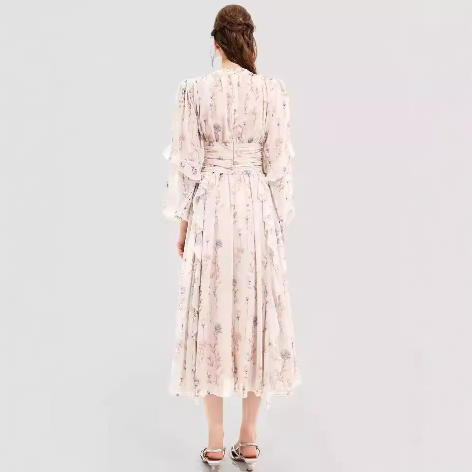 Damen Midi-Kleid mit floralen Stickereien und elegantem Rüschensaum EB