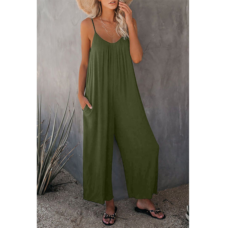 Damen Lässiger Sommer-Jumpsuit mit tiefem Ausschnitt und praktischen Taschen EB