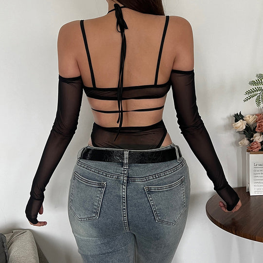 Damen Einteiler Bodysuit mit eleganter Spitzendekoration und transparenter Optik EB
