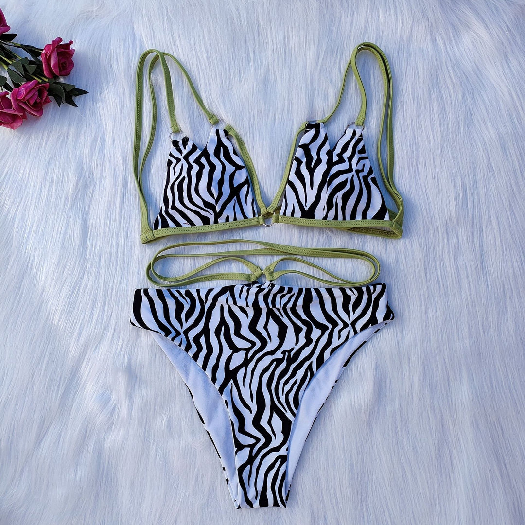 Damen Minimalistisches Triangel-Bikini-Set mit Zebramuster EB