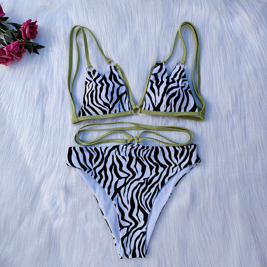 Damen Minimalistisches Triangel-Bikini-Set mit Zebramuster EB