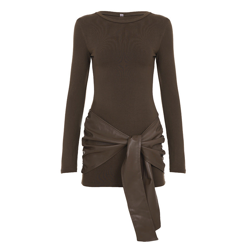 Damen nan tailliertes Longsleeve-Minikleid mit Kunstleder-Wickelbund und Drapé-Detail EB