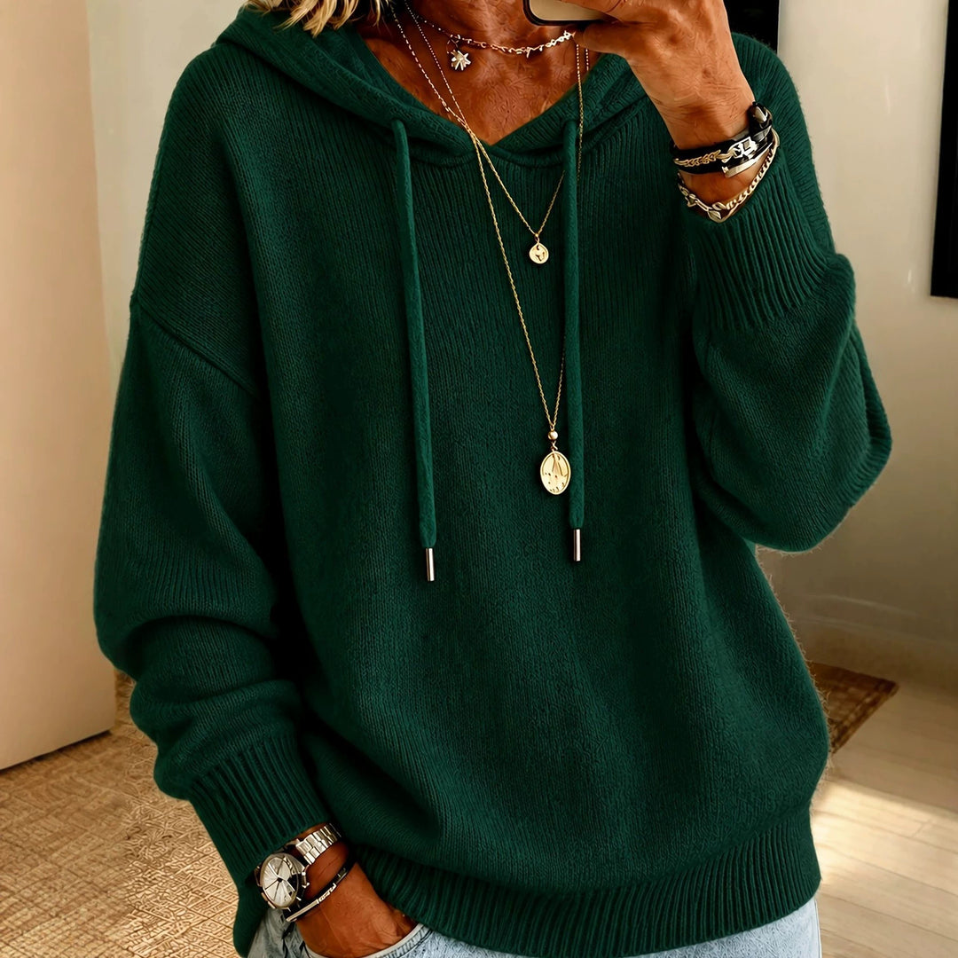 Damen Oversize Kapuzenpullover aus feinem Strick mit Kordelzug und gerippten Bündchen EB