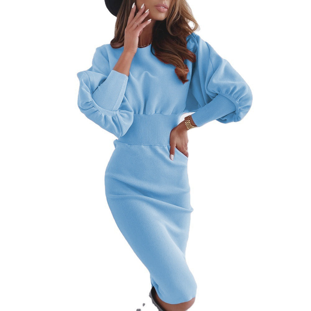 Damen Strickkleid mit Puffärmeln und taillierter Silhouette EB