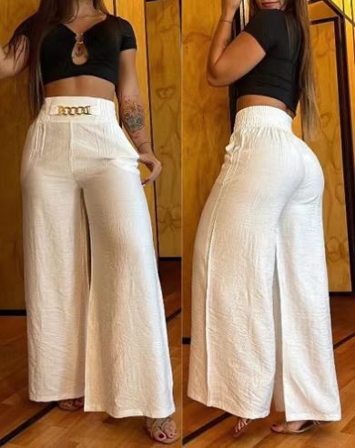 Damen Weite Palazzo-Hosen mit elastischem Bund und modischem Gürtel EB