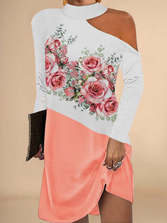 Damen asymmetrisches Blusenkleid mit floralem Motiv und elegantem Halsschnitt EB