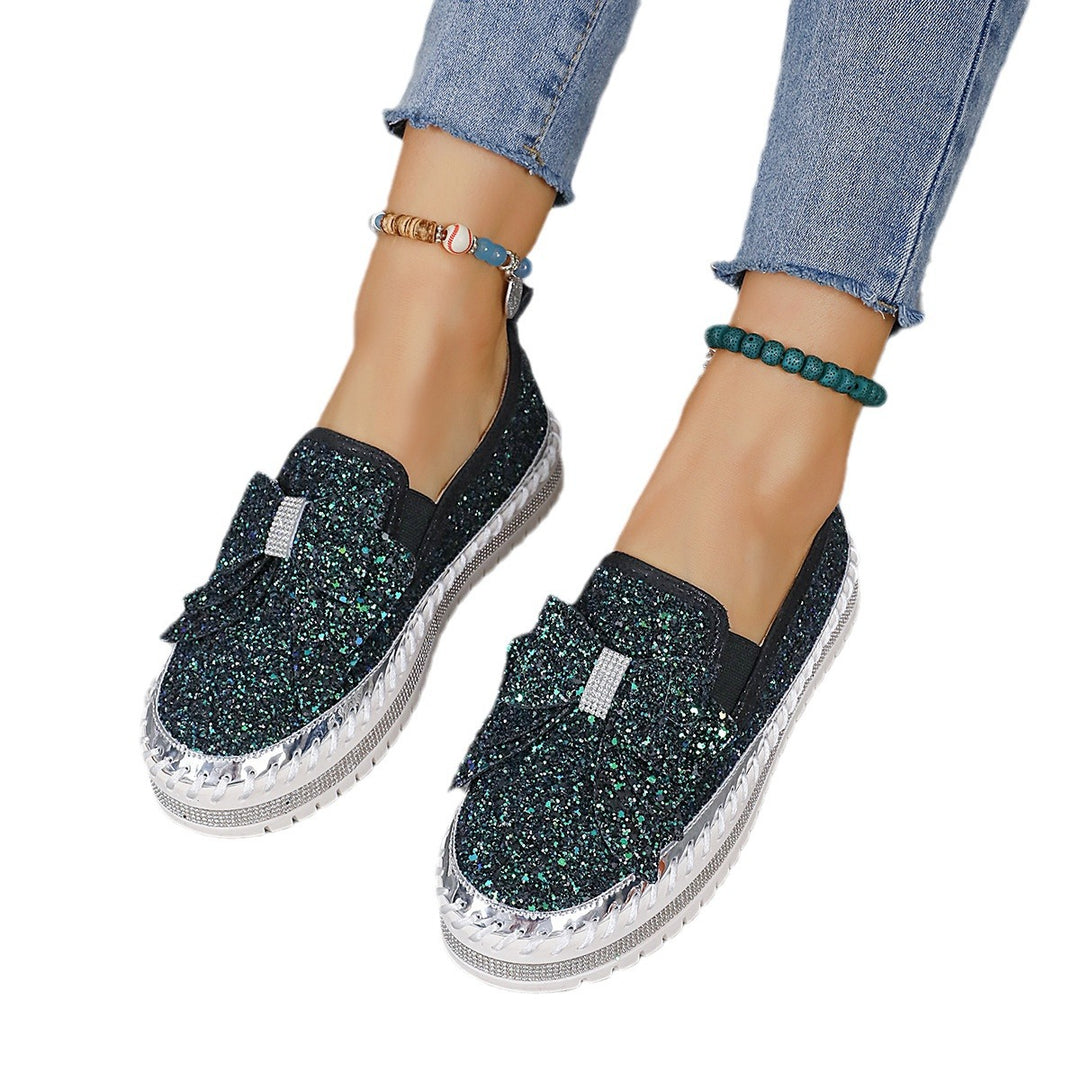 Damen modische Slip-On Sneakers mit glitzerndem Design und auffälliger Schleifenapplikation EB