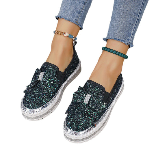 Damen modische Slip-On Sneakers mit glitzerndem Design und auffälliger Schleifenapplikation EB