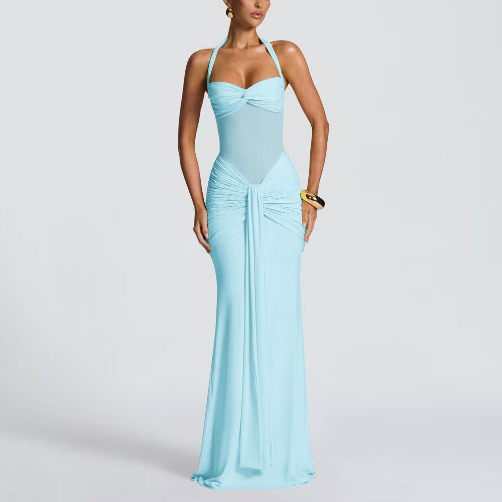 Damen Elegantes Maxikleid mit Tiefem Rückenausschnitt und Raffinierten Falten EB