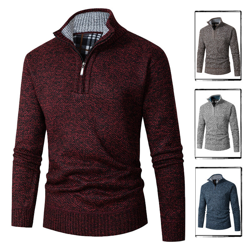 Herren nan grobgestrickter Halfzip-Pullover mit Stehkragen und karierter Krageninnenseite EB