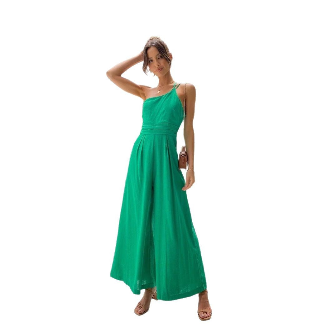 Damen Jumpsuit im modischen Wickeldesign mit weitem Bein und schulterfreiem Schnitt EB