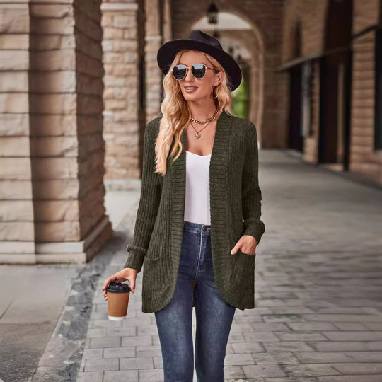 Damen nan langer gerippter Cardigan mit aufgesetzten Taschen und offener Front EB