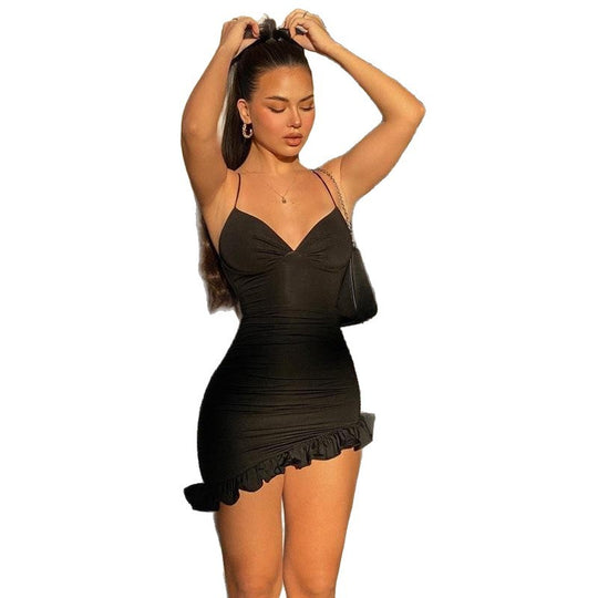 Damen Raffiniertes Minikleid mit tiefem V-Ausschnitt und verspieltem Rüschensaum EB
