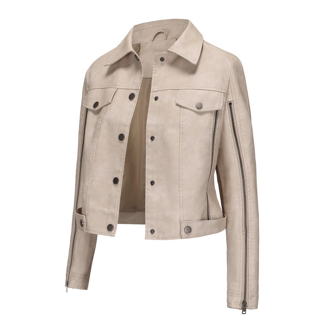Damen nan kurze Cropped-Truckerjacke aus Wildlederoptik mit seitlichen Reißverschlüssen und aufgesetzten Brusttaschen EB