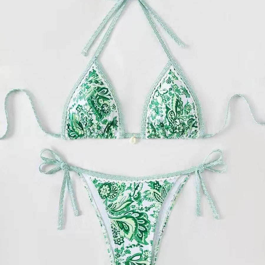 Damen Triangel-Bikini mit floralem Muster und verstellbaren Bindebändern EB