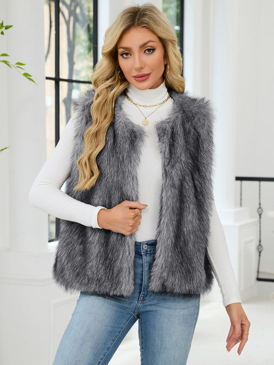 Damen Flauschige Kunstpelzweste mit voluminösem Kragen EB