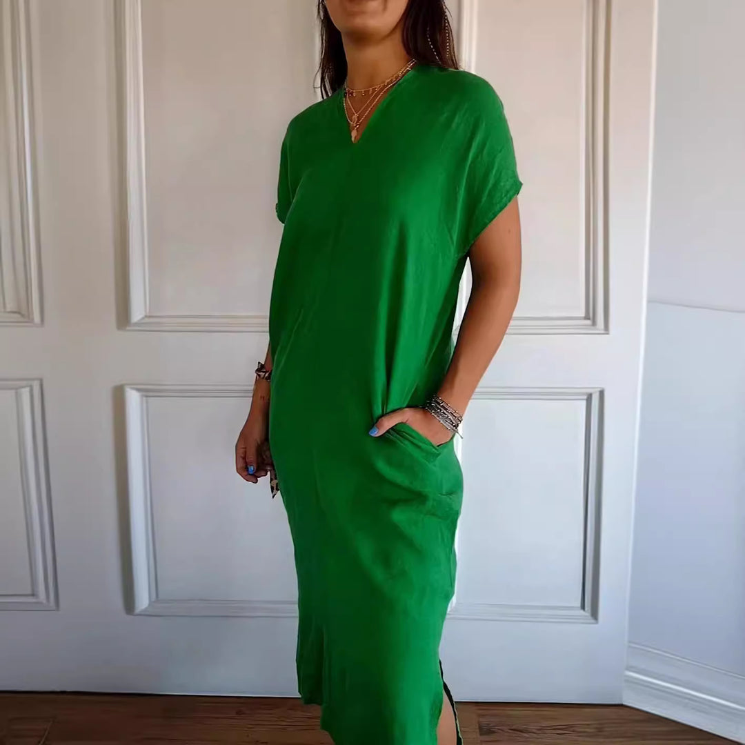 Damen lässiges V-Ausschnitt Kleid mit praktischen Taschen EB
