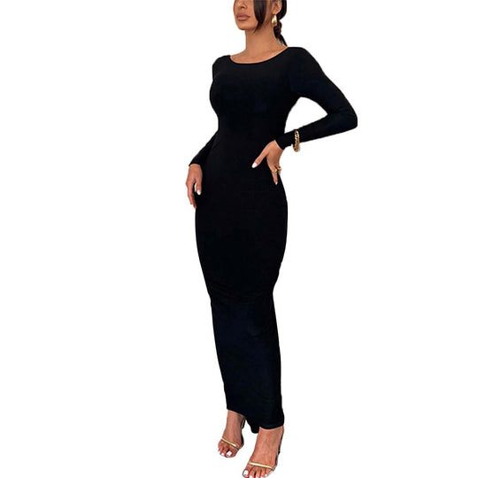 Damen enganliegendes Maxikleid mit langen Ärmeln figurbetonter Stretch-Silhouette und U-Boot-Ausschnitt Eichborn Berlin