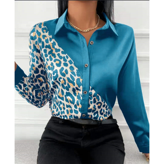 Damen Satinbluse mit asymmetrischem Leo-Design und glamouröser Knopfleiste EB