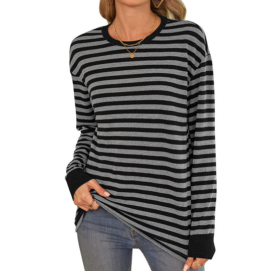 Damen bequemes Langarmshirt mit gestreiftem Design und Rundhalsausschnitt EB