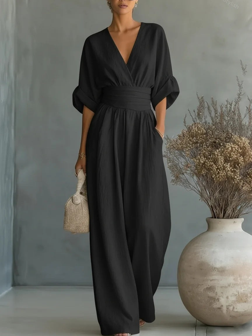 Damen Maxikleid mit V-Ausschnitt und Puffärmeln EB