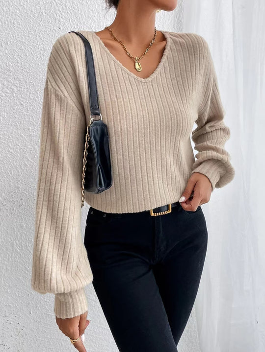 Damen Strukturierter V-Ausschnitt Pullover mit weiten Ärmeln EB