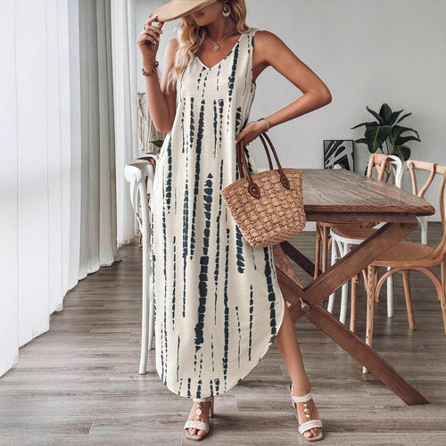 Damen Maxikleid mit feinem V-Ausschnitt und gestreiftem Design EB