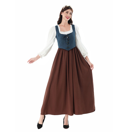 Damen nan historisches Mittelalterkleid mit geschnürter Miederweste, rüschiger Bluse und weitem Maxirock EB