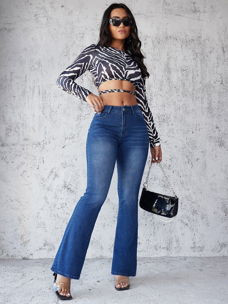 Damen Flared Jeans im modernen Design mit hohem Bund und ausgefallenem Waschung EB