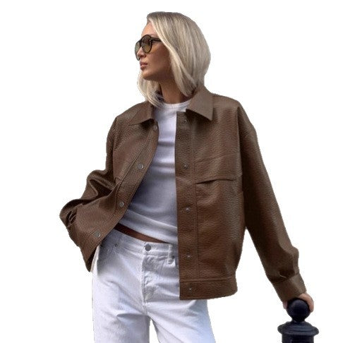 Damen Modische Kunstlederjacke im lässigen Oversized-Schnitt EB