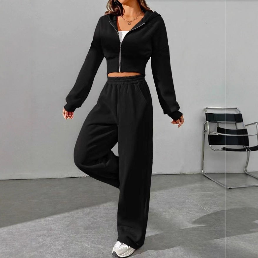 Damen nan kurzes Kapuzen-Sweatshirt mit Reißverschluss und weite High-Waist Jogginghose EB
