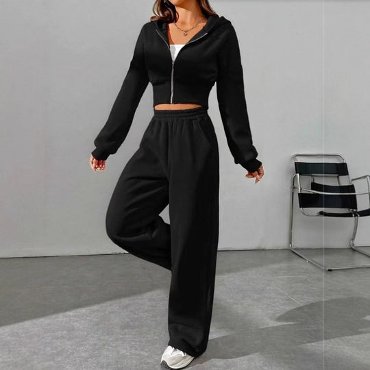 Damen nan kurzes Kapuzen-Sweatshirt mit Reißverschluss und weite High-Waist Jogginghose EB