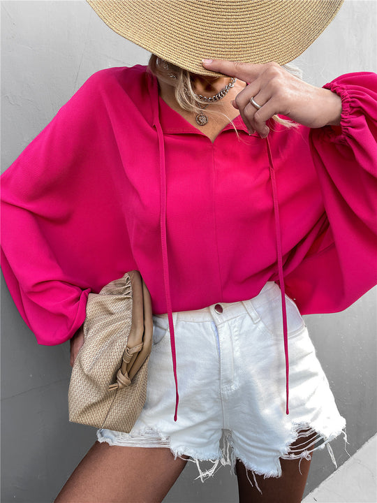 Damen luftiges Blusenshirt mit weiten Ärmeln und modischem Schleifendetail EB