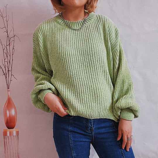 Damen Grobstrickpullover mit romantischem Rippenmuster und weiten Ärmeln EB