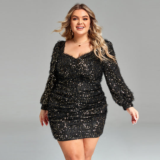 Damen Glitzerndes Mini-Kleid mit Puffärmeln und Raffung EB